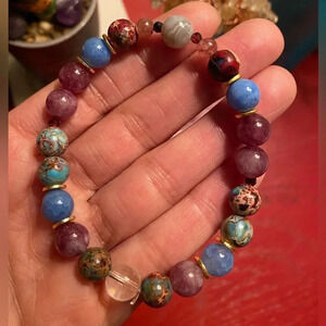 Handmade Sea sediment jasper + blue agate + lepidolite + Botswana agate bracelet